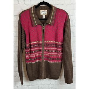 HEIRLOOM COLLECTIBLES ramie cotton brown pink full zip cardigan sweater L NWOT
